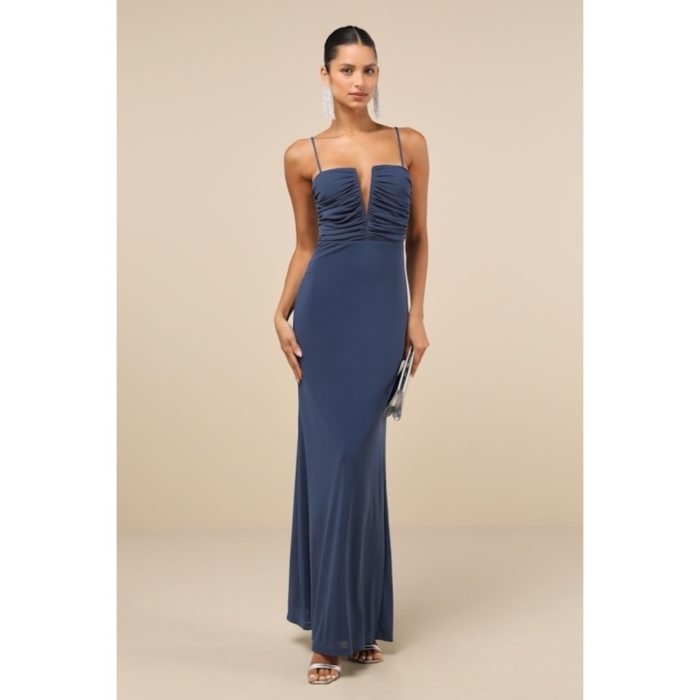 Lulus Undeniable Elegance Dark Slate Blue Mesh Ruched Maxi Dress - Size L